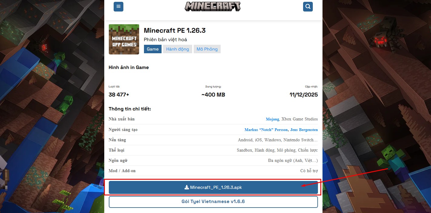 Chọn phiên bản Minecraft mới nhất và chờ 20 giây để tải file về