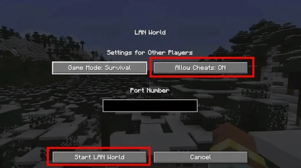 Bật Allow Cheats trong LAN World nếu quên bật từ đầu