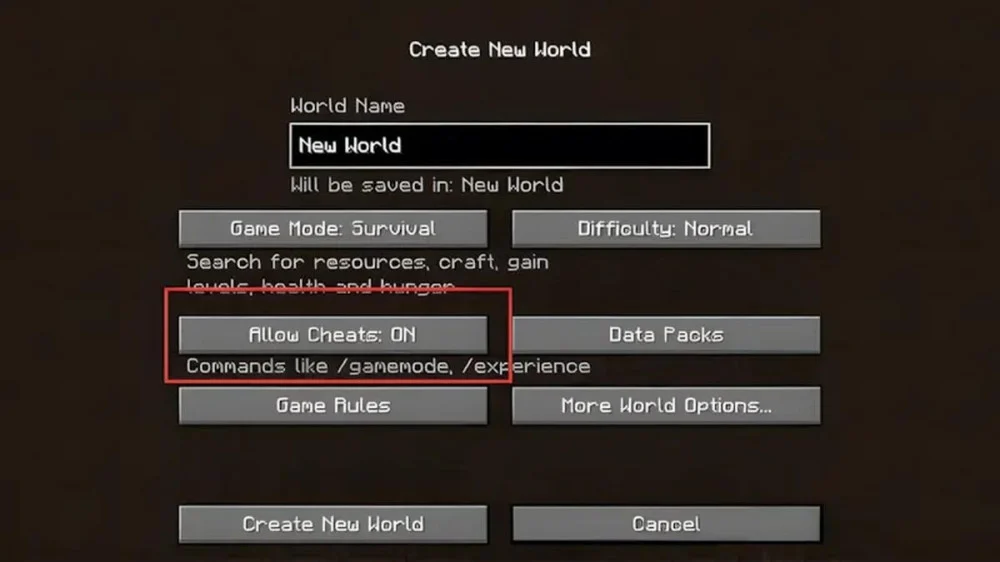 Tìm Allow Cheats rồi nhấn để chuyển sang ON trong tùy chọn