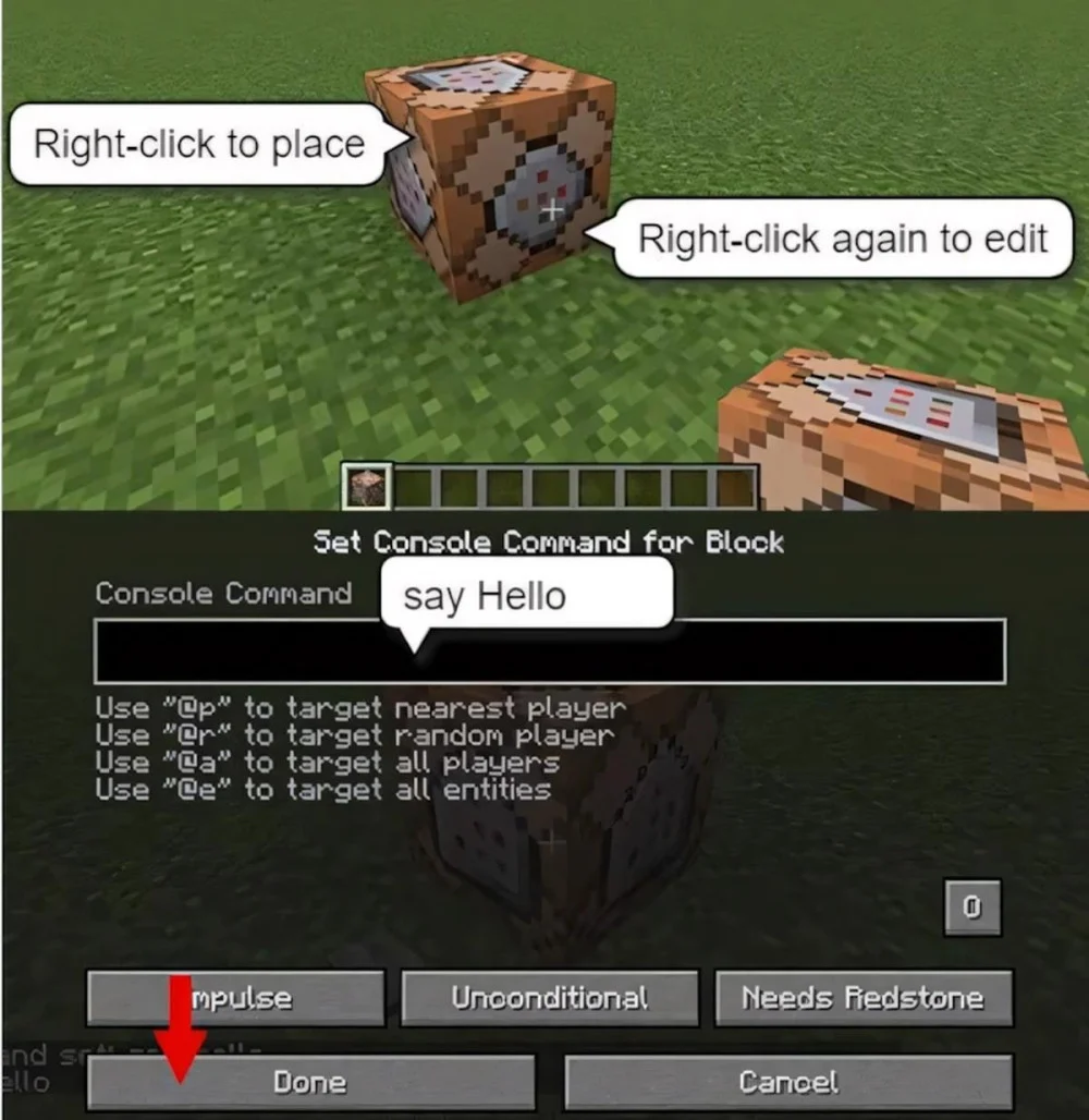 Đặt command block rồi kết nối redstone để kích hoạt lệnh khi cần