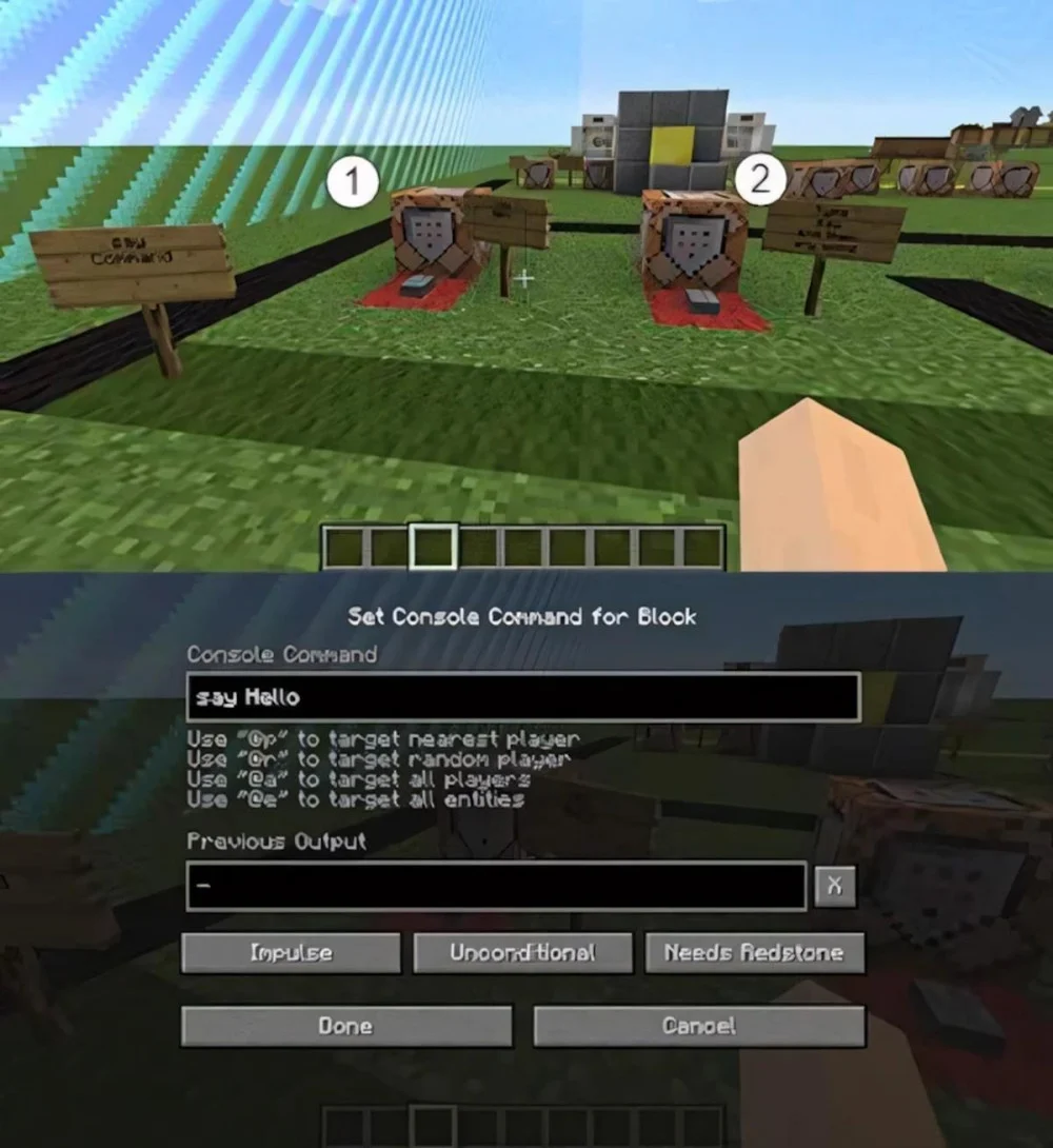 Nhập say xin chào vào command block không cần dấu gạch chéo