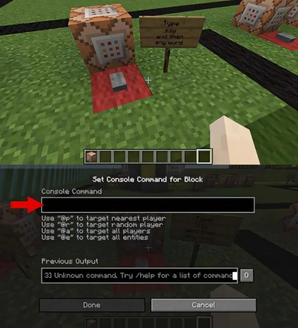 Kích hoạt command block để gửi tin nhắn đến tất cả người chơi trong thế giới