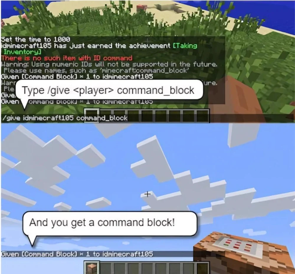 Nhập lệnh give minecraft command_block vào chat để nhận khối lệnh ngay