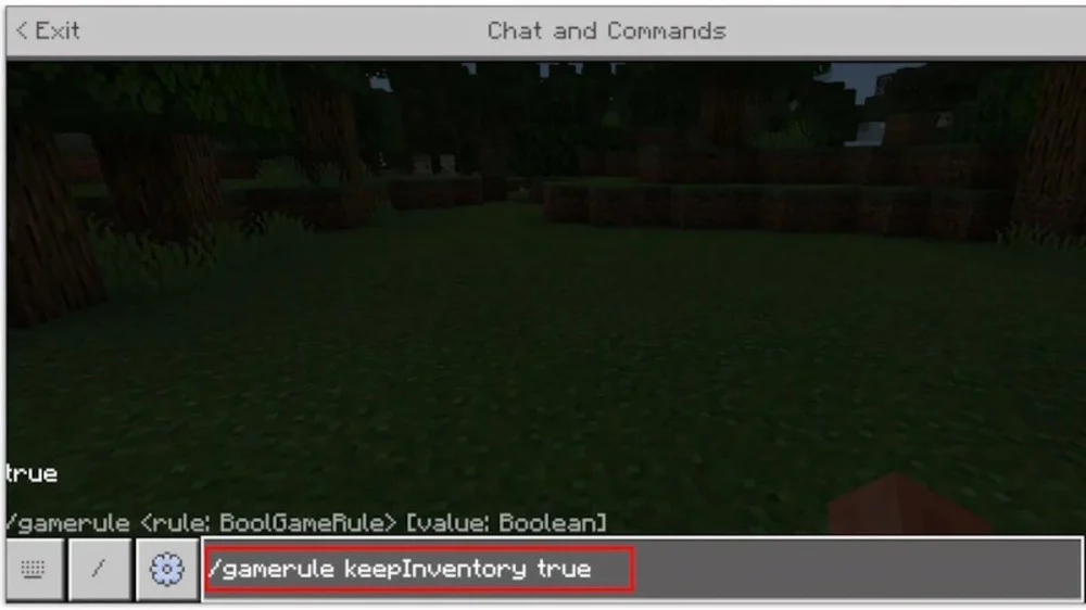 Nhập lệnh gamerule keepInventory true vào chat rồi nhấn Enter
