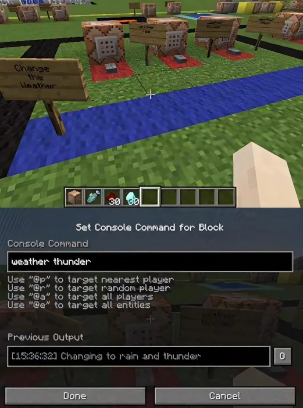 Nhập weather clear rain hoặc thunder kèm thời gian vào command block
