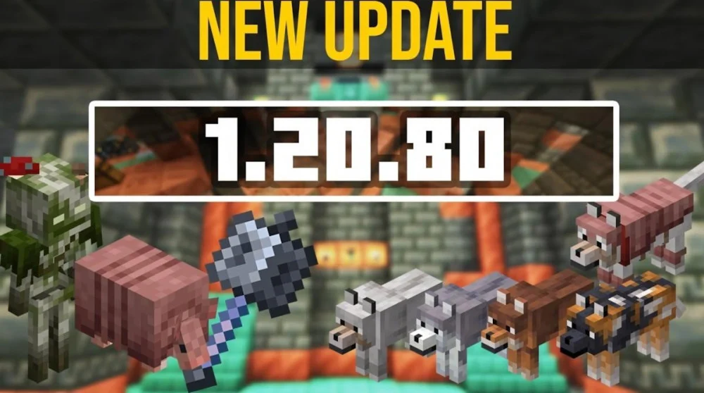 Tải Minecraft 1.20.80 Armadillo Biến Thể Wolf Vũ Khí Mace Trails Tales Mới