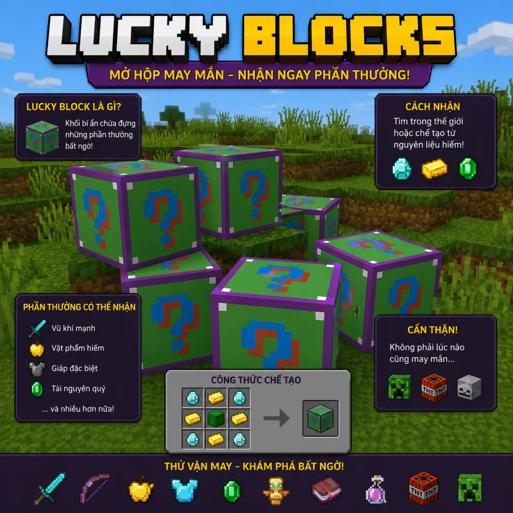 Lucky Blocks Mod Cho Minecraft PE | Mini Bosses, Biến Thể Hardcore Và Original