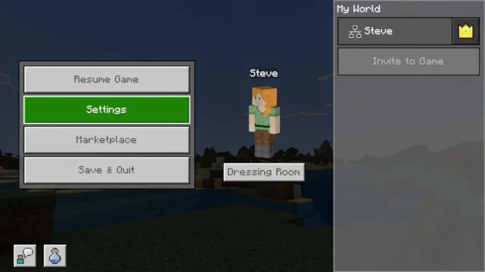 Nhấn Pause rồi chọn Settings để vào cài đặt Minecraft Bedrock