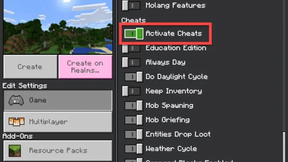 Cuộn đến mục Game tìm Cheats rồi bật Activate Cheats lên