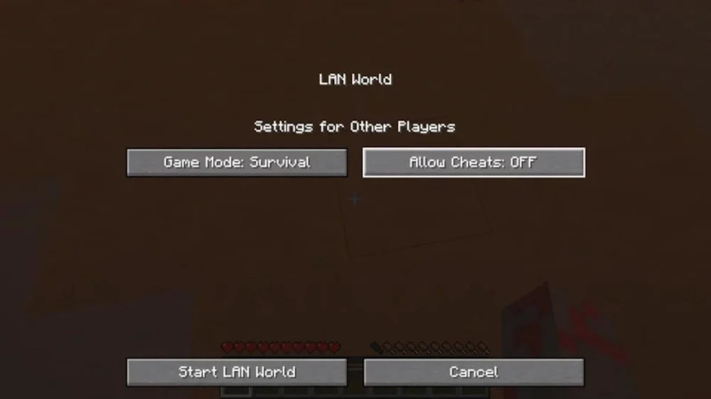 Bật Allow Cheats ON rồi nhấn Start LAN World để xác nhận