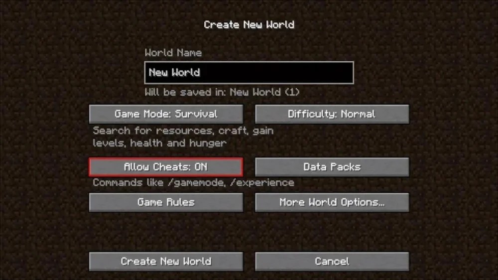 Bật Allow Cheats ON trước khi nhấn tạo thế giới mới