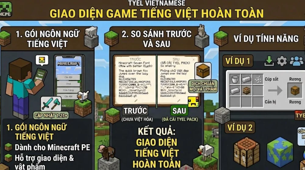 Tải Tyel Vietnamese Pack Cung Cấp Giao Diện Tiếng Việt Minecraft PE Chuẩn.