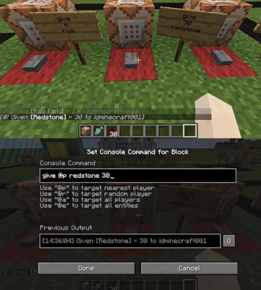 Nhập give @p minecraft redstone 30 để tặng ba mươi viên Redstone