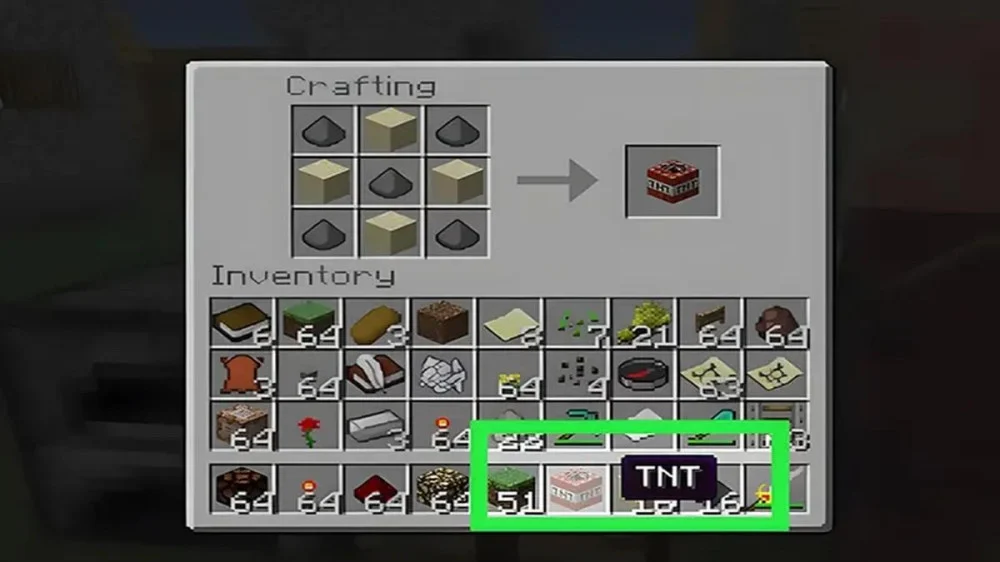 Kéo TNT vào túi đồ hoàn tất chế tạo Minecraft