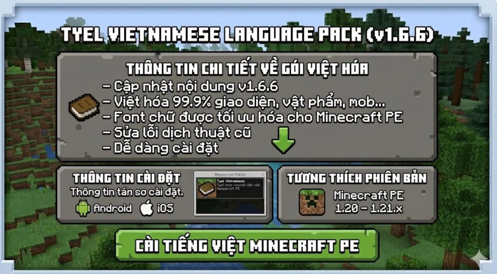 Gói Tyel Vietnamese Việt Hóa Toàn Bộ Minecraft PE Với 9.000 Key Dịch Chuẩn Java.